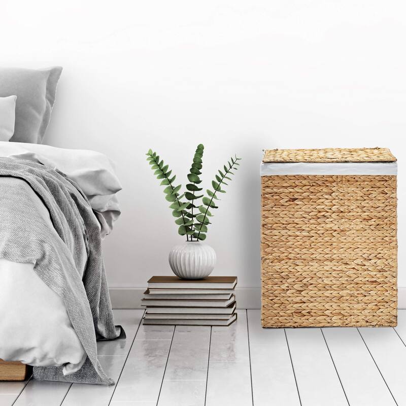 Premium Handwoven Portable Laundry Bin Basket with Carrying Handles, Household Storage Water Hyacinth, Rectangular Hamper