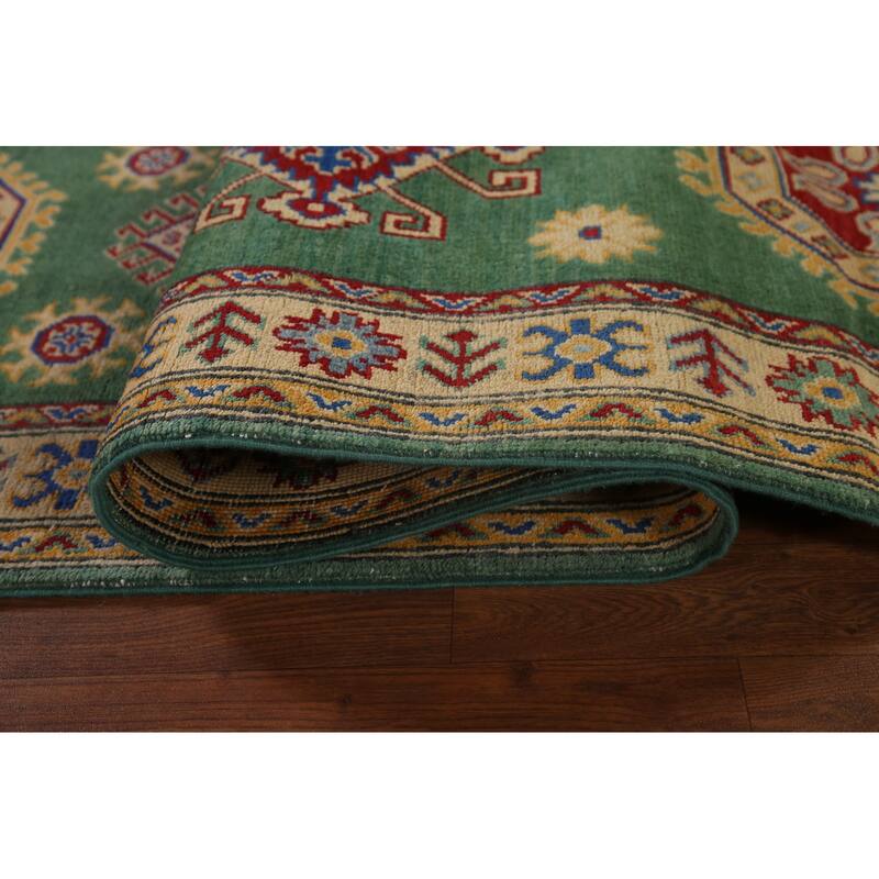 Traditional Green Kazak Runner Rug Hand-Knotted Wool Carpet - 2'8" x 16'4"