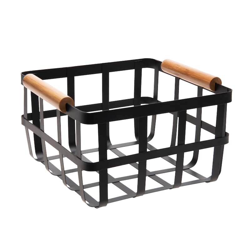 Simplify Square Metal Basket with Bamboo Handles - 8.27 x 8.27 x 4.80 - Black