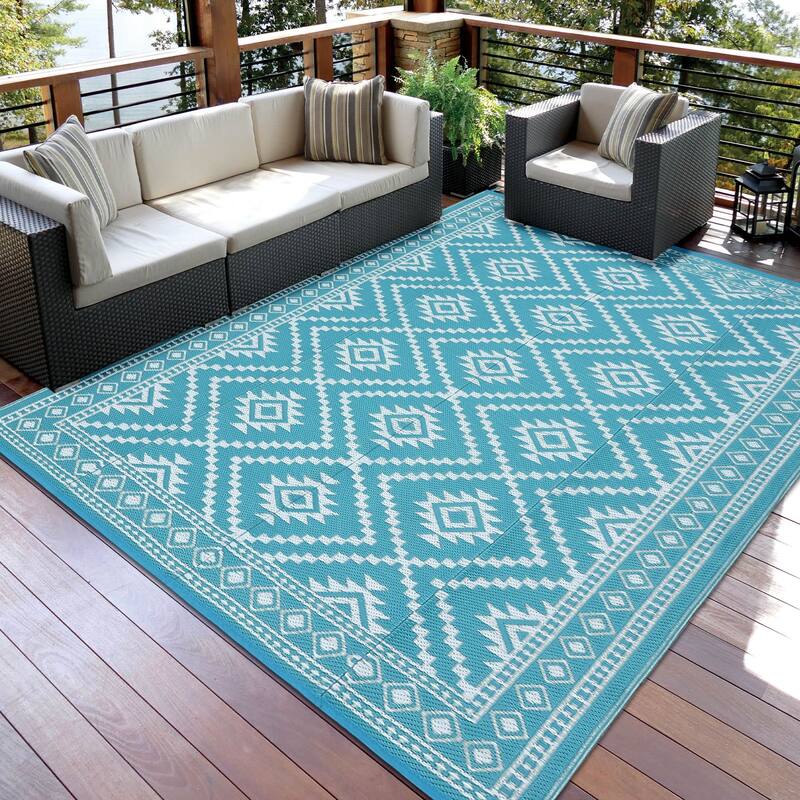 Outdoor Camping Rugs, Reversible Mats, Plastic Straw Rug for Patio - Blue/White - 9*18Ft