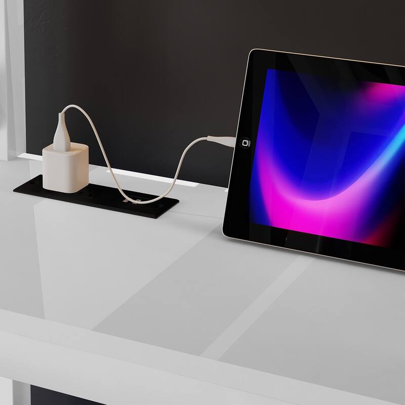 Roomfitters Queen Metal Loft Platform Bed, L-Shaped Desk and LED Wardrobe with Metal Frame for Bedroom or Guest Room, White