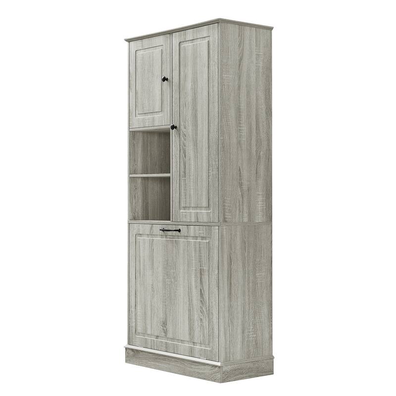 Roomfitters 67" Tall Storage Cabinet with Flip-Out Basket & Adjustable Shelves, MDF Linen Tower for Bathroom & Office