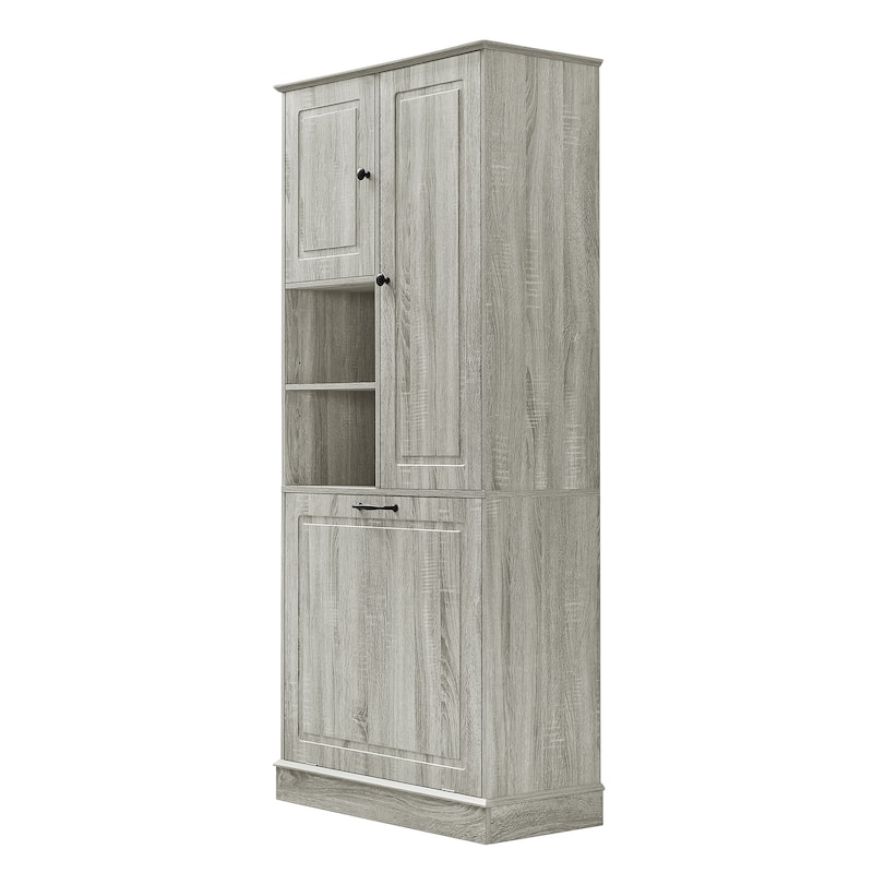 Storage Cabinet with Flip-Out Basket, Bathroom Cabinet with 2 Doors & Adjustable Shelves, Freestanding Floor Cabinet