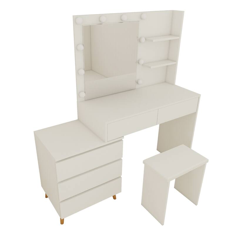 LED Light Makeup Vanity Table w/ Mirror,Drawers,Stool and Compartments