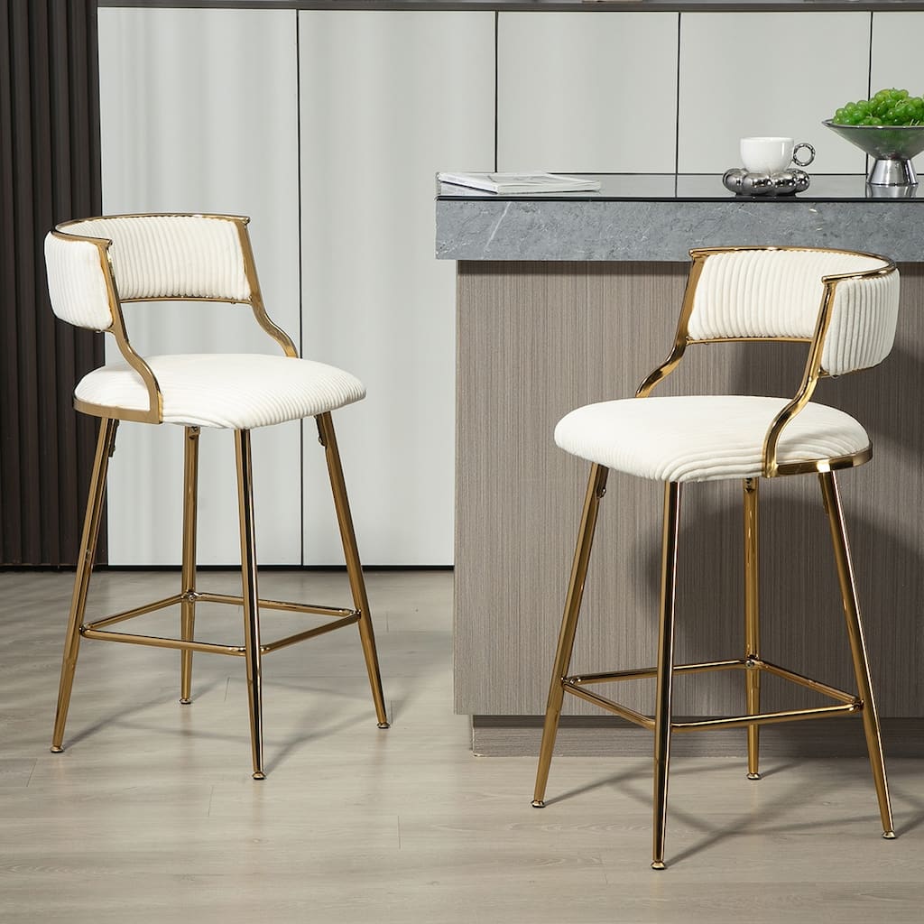 2PCS Corduroy Counter Height Bar Stools With Gold Metal