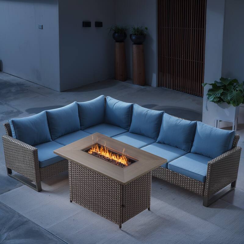 Outdoor PE Wicker Conversation with Fire Pit Table - Blue cushion - Brown - Blue - Brown