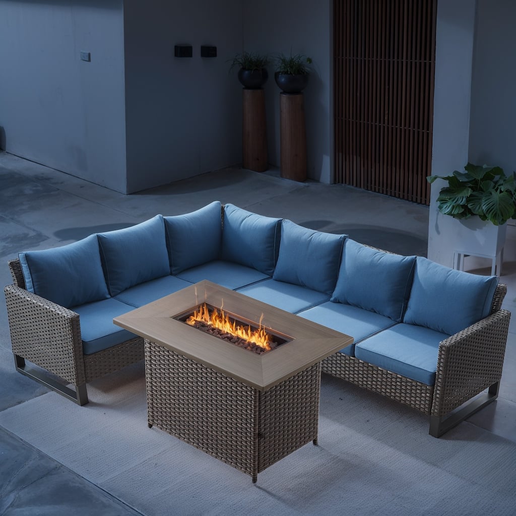 Outdoor PE Wicker Conversation with Fire Pit Table - Blue cushion - Brown