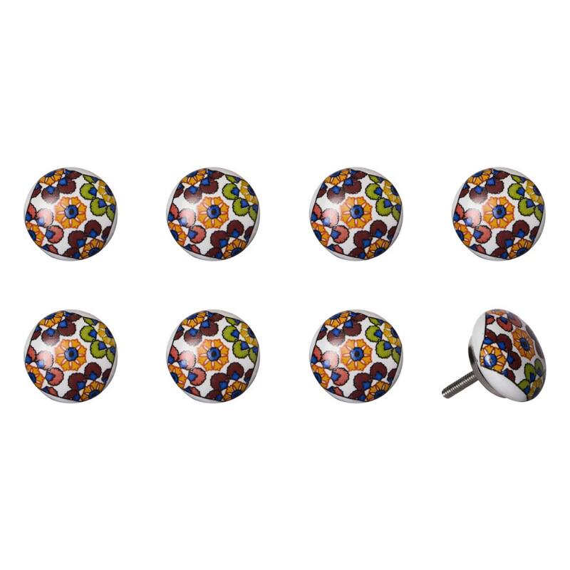 Set of 8 Hand-Painted Blue and Orange Ceramic Drawer Pull Knobs - 1.50” x 1.50” x 1.50” - Blue-Orange