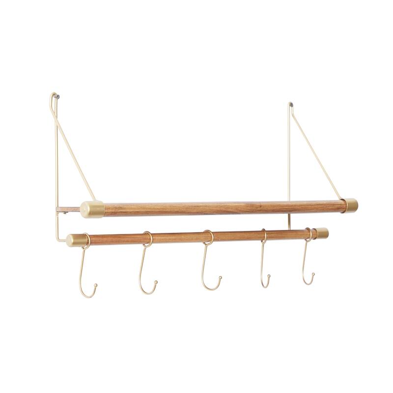 Wood 1 Shelf and 5 Hanger Wall Hook - Gold - Roche River Decor