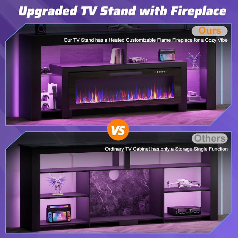 BOSSIN 82" Fireplace TV Stand with 50" Fireplace, Entertainment Center for TVs Up to 90", Console Cabinet With LED Light