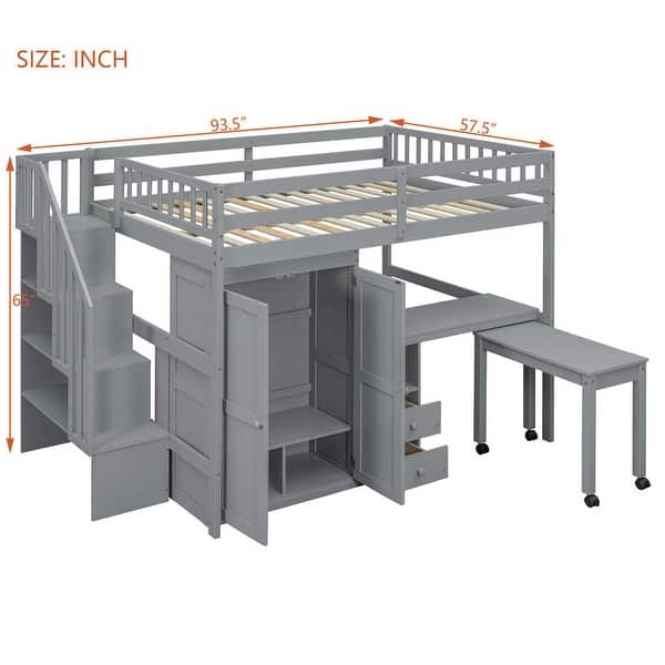 dimension image slide 5 of 6, Twin/Full Size Loft Bed with Storage Staircase, Wardrobe and Desk, Solid Wood Loft Bedframe with 2 Storage Drawers and Shelves