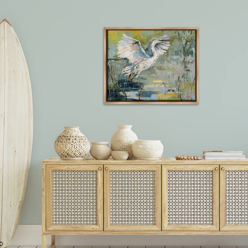 Stupell Radiant Crane at Pond Framed Floater Canvas Wall Art Design By Dusza