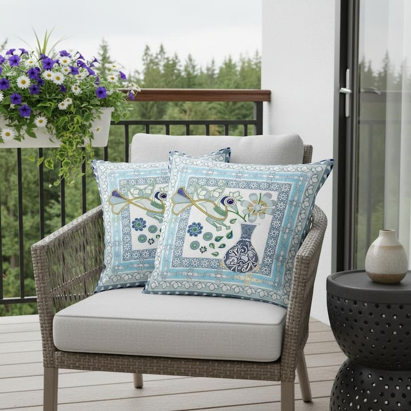 HomeRoots Set of Two 16" X 16" Gray and White Peacock Blown Seam Floral Indoor Outdoor Throw Pillow - 16.00' X '16.00' X '5.00 - Gray/White - 16.00' X '16.00' X '5.00