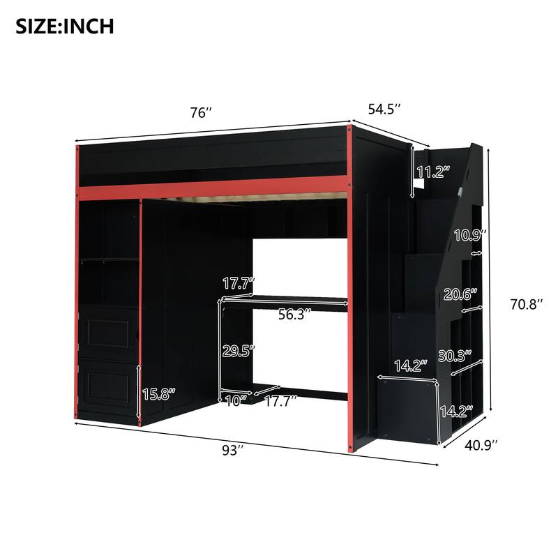 Black Gaming Loft Bed with Wardrobe, Desk, LED Lights, Cabinets and Storage Stairs