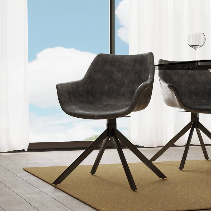Markley Leather Swivel Dining Armchair with Black Iron Base - Accent Dining Chair for Kitchen and Dining Room Set of 4