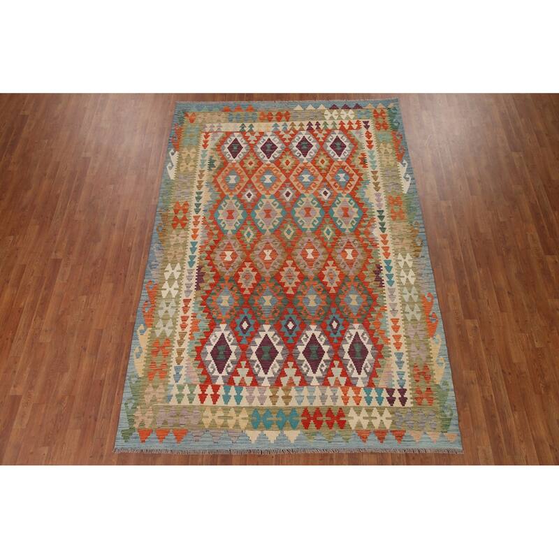Hand Woven Oriental 100% Wool Carpet Southwestern Geometric Multi-Colored Kilim Area Rug - 9' 8'' X 6' 7''