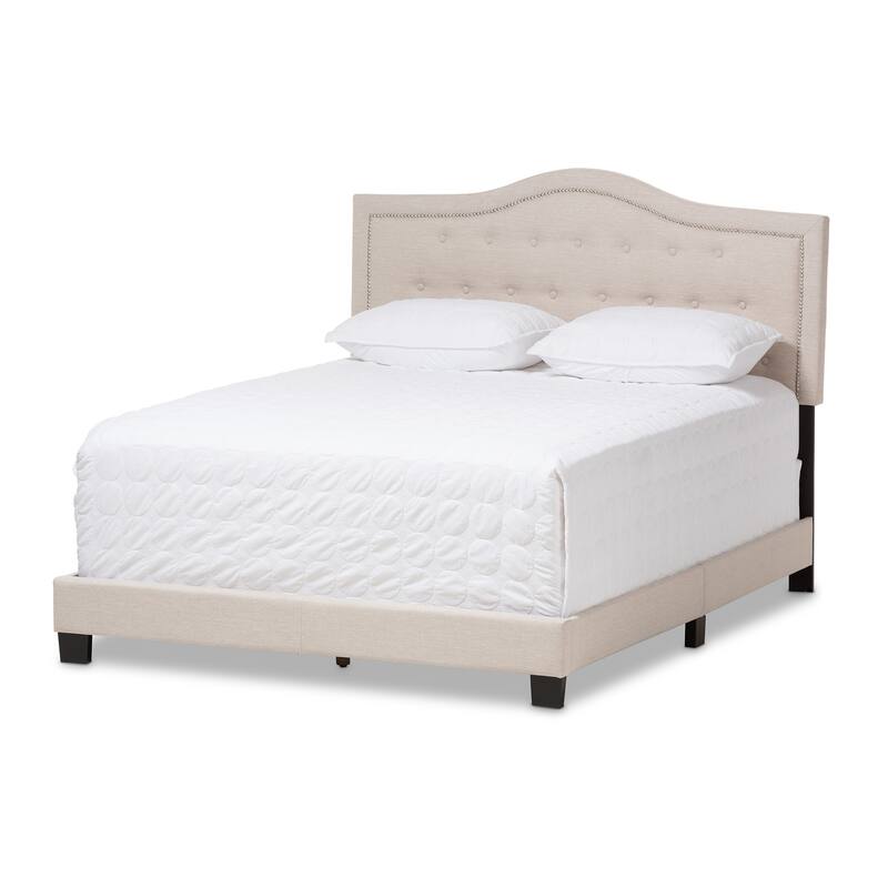 Modern Beige Fabric Bed - Full Size Platform Bed Frame - Low Profile Bedroom Furniture