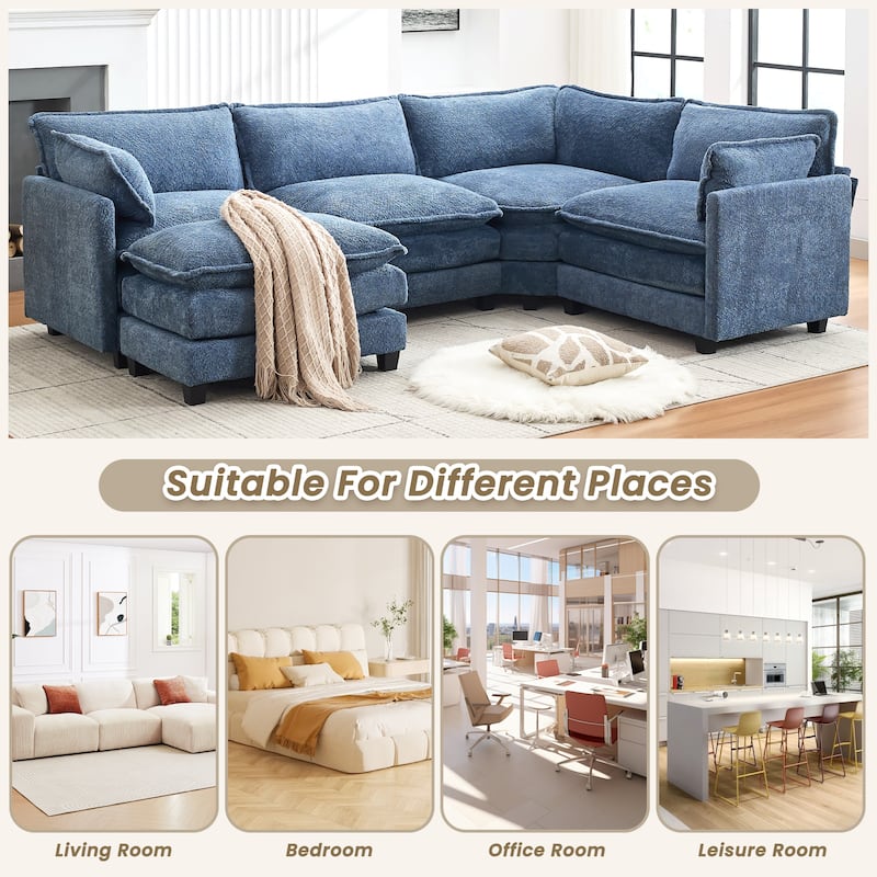 4-Seat Modular L-Shaped Corner Sectional Sofa with Ottoman, Soft Chenille Upholstery and Deep Seating for Living Room