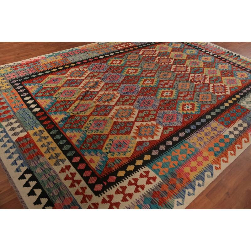 All-Over Kilim Oriental Area Rug Flatweave Orange Wool Carpet - 8'3"x 11'8"