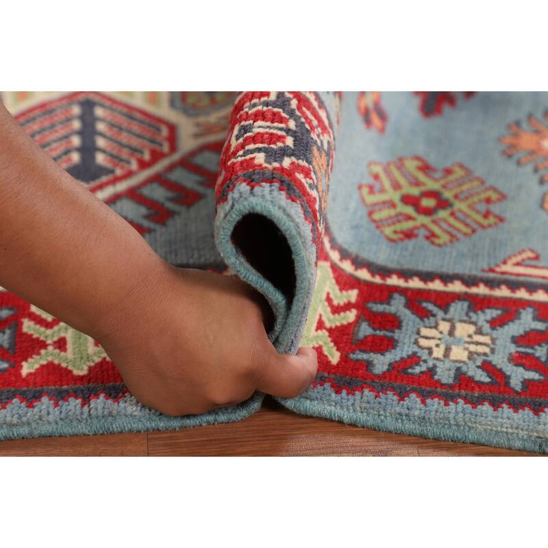 Geometric Blue Kazak Oriental Accent Rug Handmade Wool Carpet - 3'6" x 5'0"