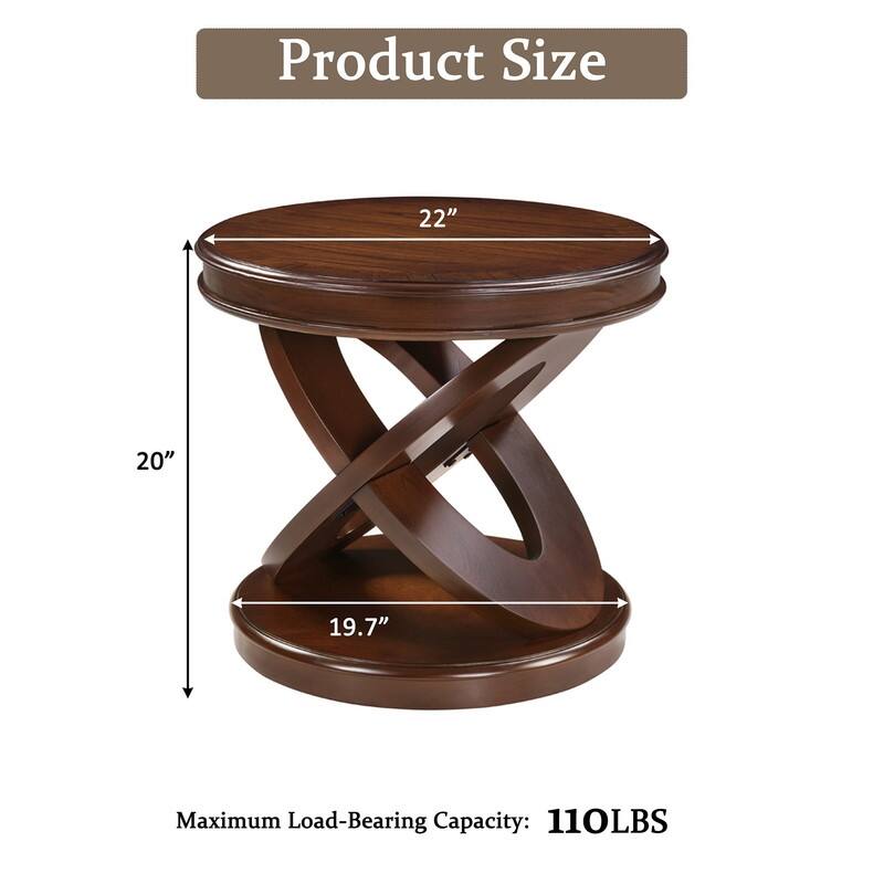 Retro Round Solid Wood End Table with X-Shape Base for Living Room Use