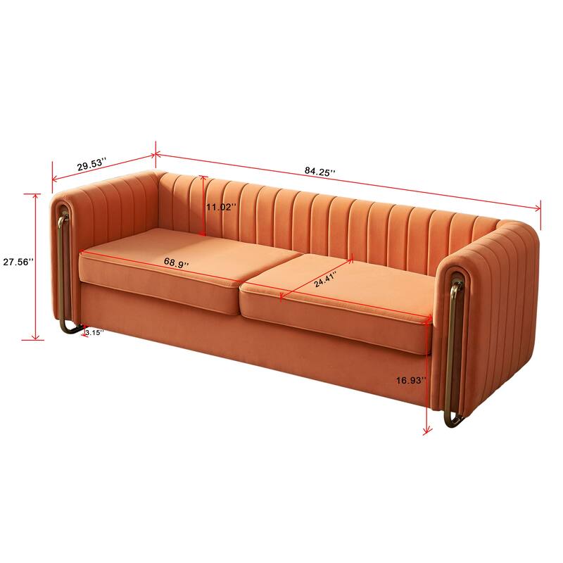 84.25''W Orange Velvet Sofa for Living Room