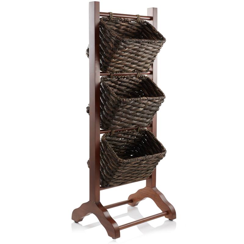 3Tier Floor Stand with Hyacinth Storage Basket Bins - Walnut, Espresso