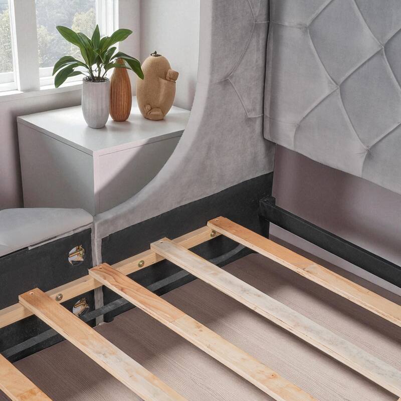 Queen Upholstered Platform Bed with Wingback Headboard, Velvet Fabric, Storage Drawer & 2 Side Storage Stools