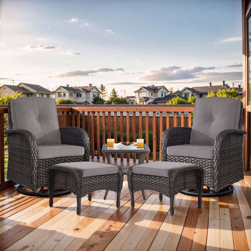 Pocassy Outdoor Wicker Patio Chairs Set - Brown Wicker Grey Cushion - 2PCS Swivel Chairs w/ 2PCS Ottoman