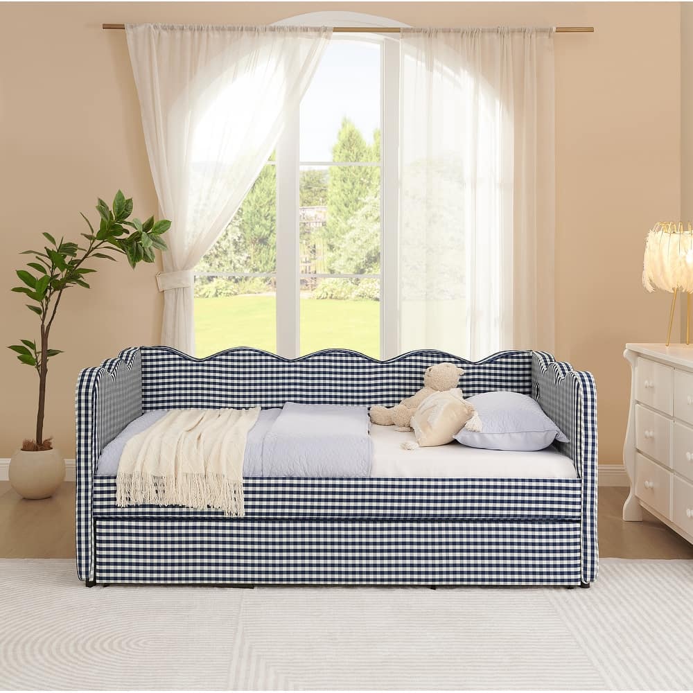 Linen Fabric Gingham Daybed with Trundle, Twin Size Sofa Bed with USB Port and Adorable Wave Shaped Headboard