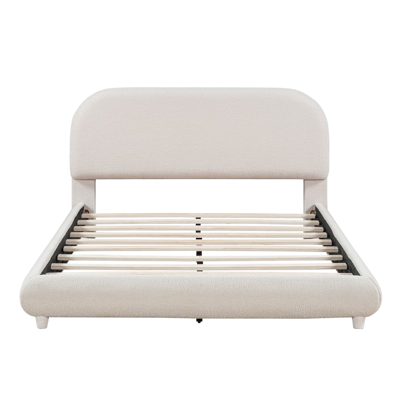 Teddy Fleece Full Size Upholstered Platform Bed with Thick Fabric, Solid Frame and Stylish Curve-shaped Design, Beige
