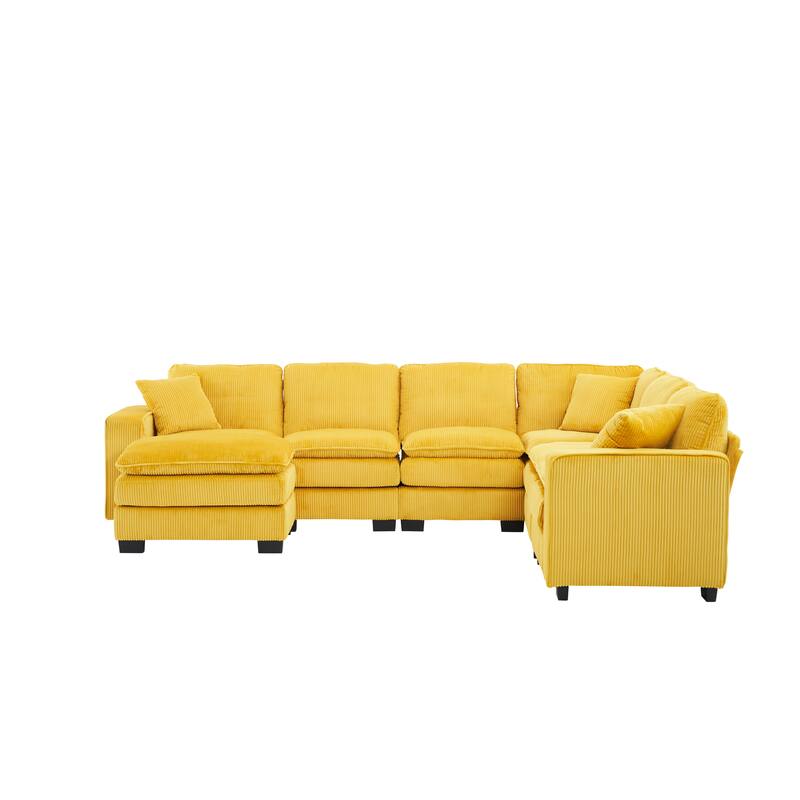 Corduroy Upholstered U-shaped Chaise Sectional Sofa Modular Sleeper Sofa Bed Deep Seat Couch with Ottoman and Pillows