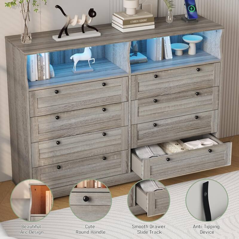 Modern Wood Dresser with 8 Drawers, Bedroom Dresser with Charging Station & LED Lights - Grey