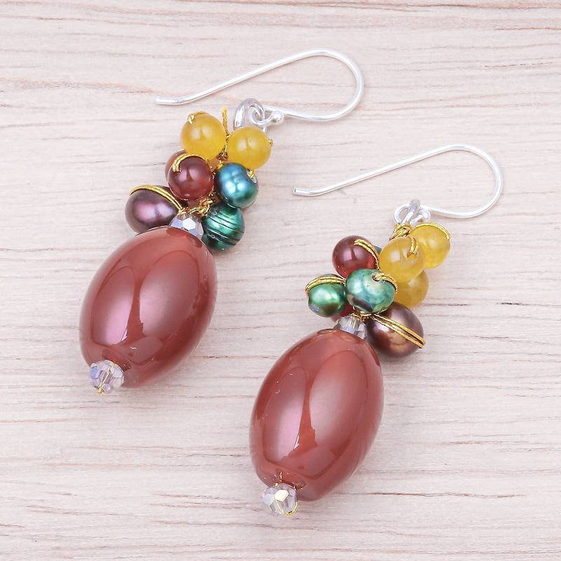 NOVICA Festival of Lights, Carnelian and cultured pearl dangle earrings - 2*0.5