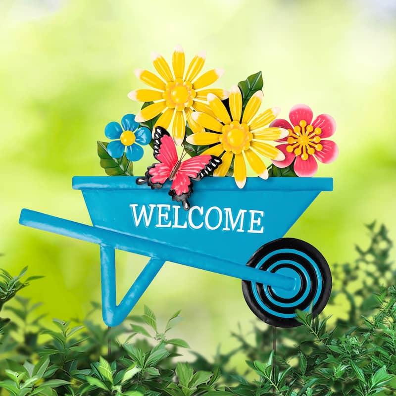 Glitzhome Easter Metal Wheel Barrow Garden Cart Yard Stake Spring Outdoor Decor