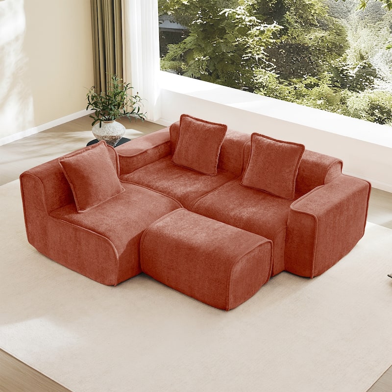 Streamlined Design Modular 3 Seat L Shape Boneless Velvet Fabric Sofa with 1 Movable Ottoman - 8' x 10' - Red - Left Facing