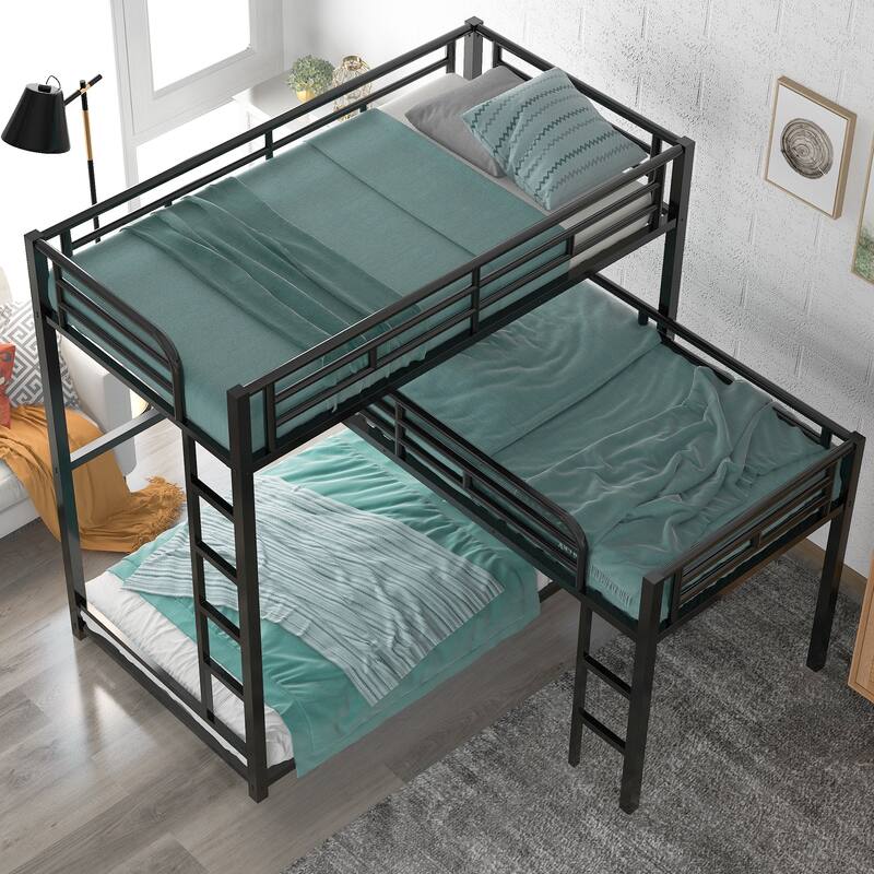 Multifunctional Design Lshaped Metal Triple Twin Size Bunk Bed, Black