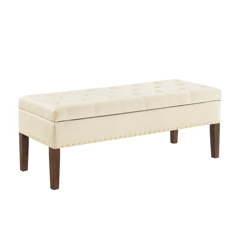 Storage Bench Leisure Bench Window Bench with Wood Legs, Cream Dining Bench Lounge Bench with Nailhead Trim