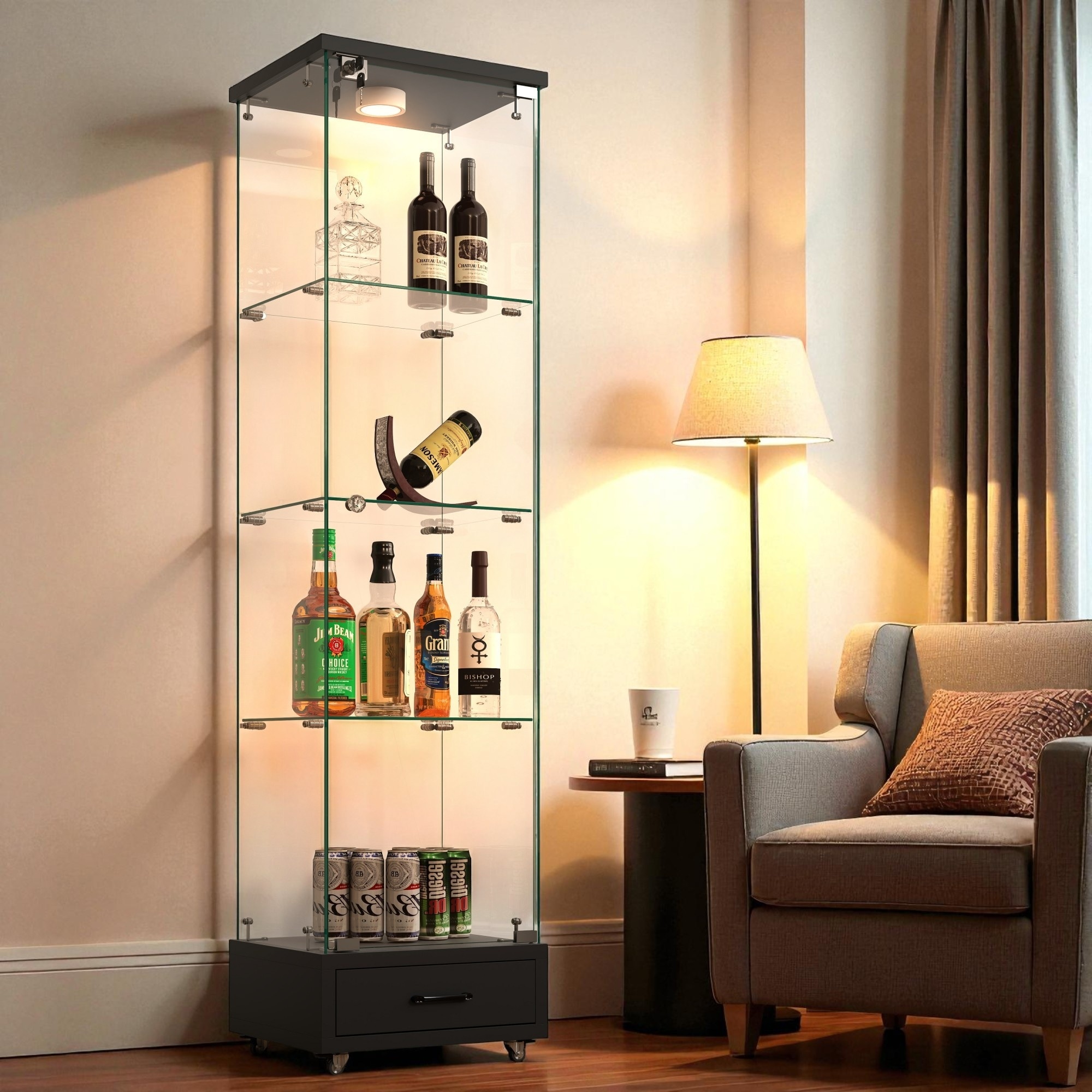 Modern Tempered Glass Display Cabinet with Drawer and 13-Color LED Lights, 4-Shelf 1-Door Bookshelf for Living Room or Bedroom.