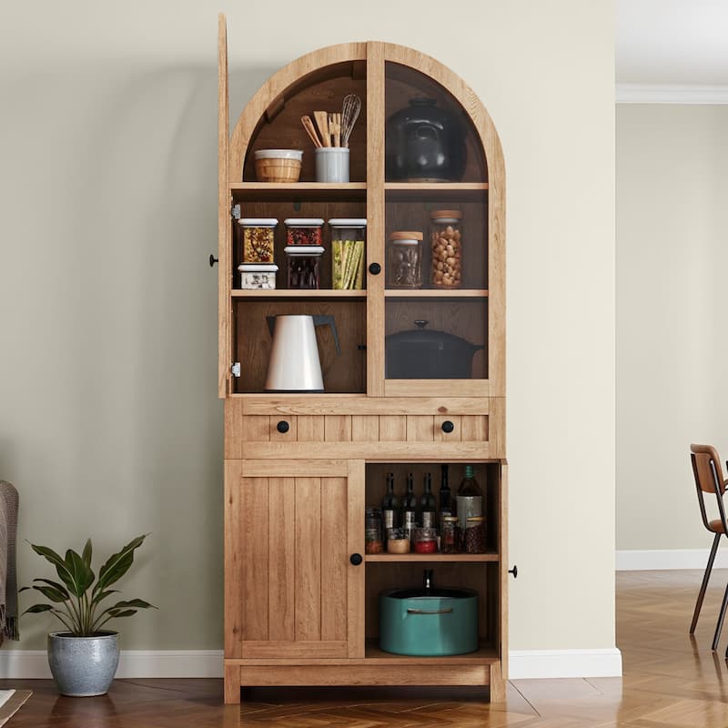 71 Inch Tall Farmhouse Arched Pantry Cabinet with Large Drawers and Adjustable Shelves for Kitchen Storage Organization - Natrual