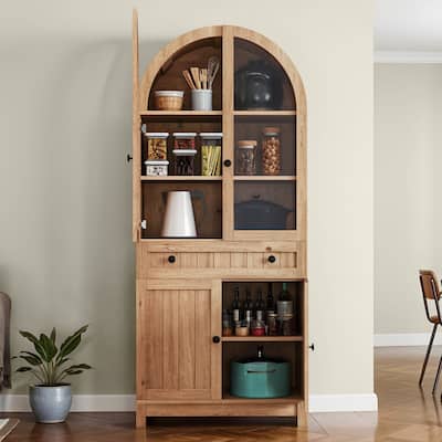 71 Inch Tall Farmhouse Arched Pantry Cabinet with Large Drawers and Adjustable Shelves for Kitchen Storage Organization