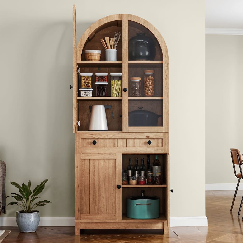 71 Inch Tall Farmhouse Arched Pantry Cabinet with Large Drawers and Adjustable Shelves for Kitchen Storage Organization