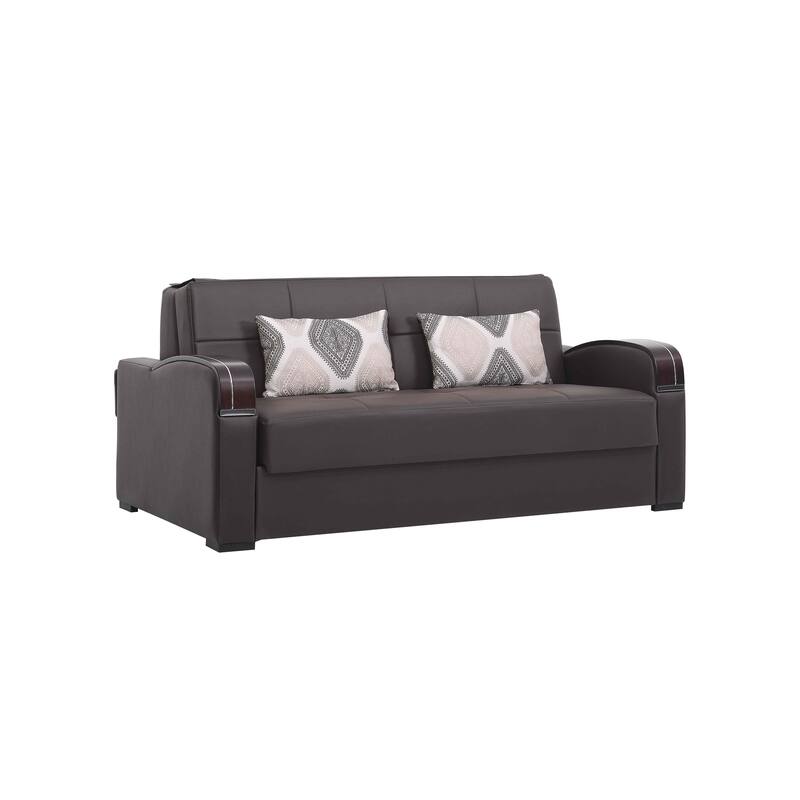 HomeRoots 74" Brown Faux Leather Convertible Futon Sleeper Sofa And Toss Pillows With Storage