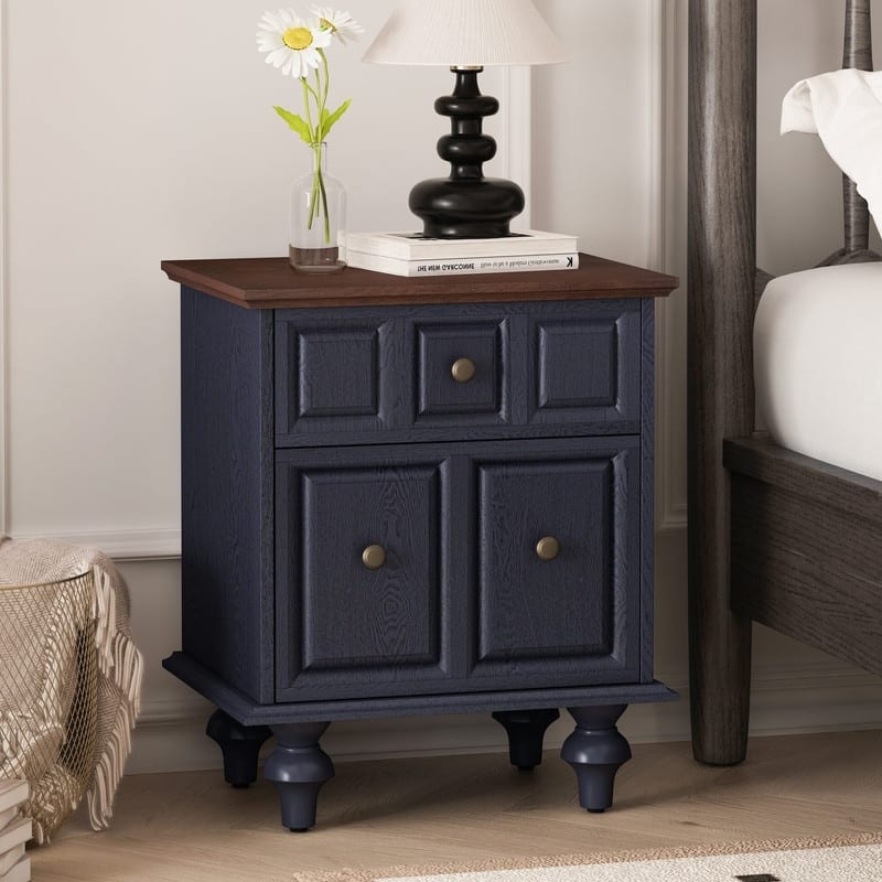 Vintage 2-Drawer Nightstand with Solid Wood Legs for Bedroom Storage Organization