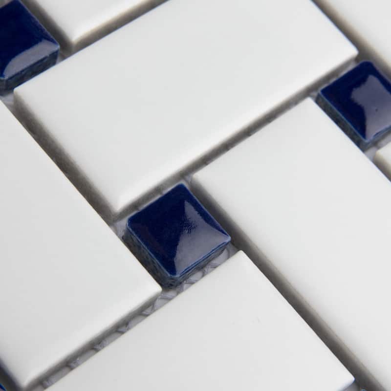 Merola Tile Metro Basketweave White w/ Glossy Cobalt Dot 11-3/4" x 11-3/4" Porcelain Mosaic Floor and Wall Tile