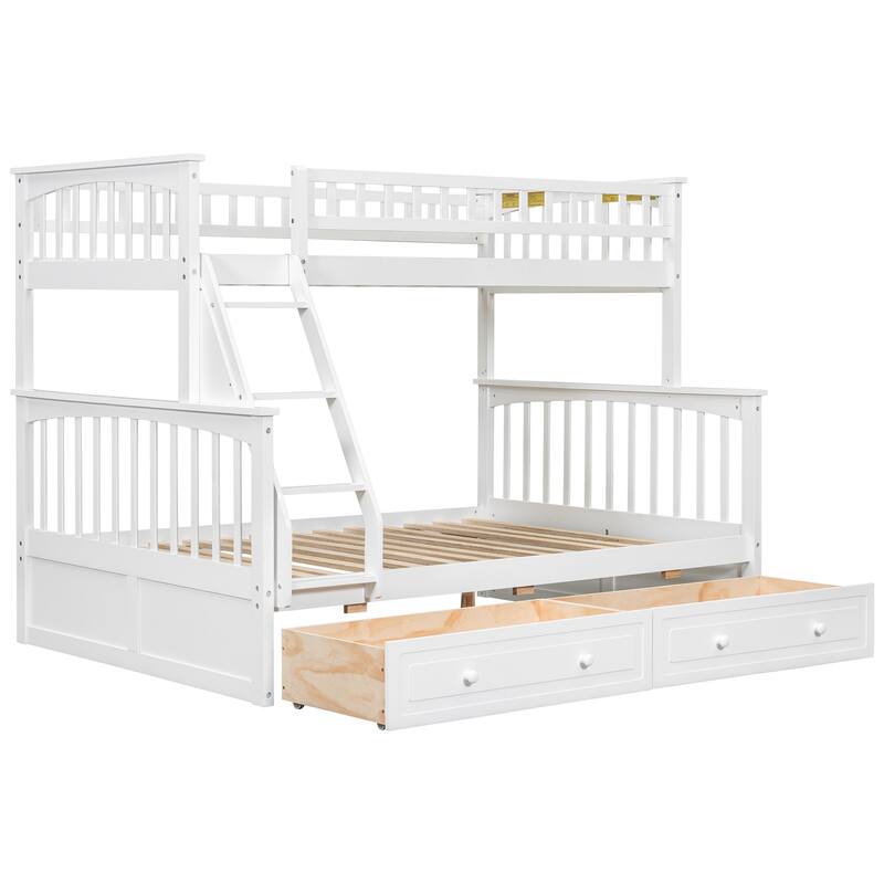 Wooden Storage Bunk Bed Frame with Fence-shaped Guardrails and Pull-out Drawers, Convertible 2 Platform Beds, Detachable Design