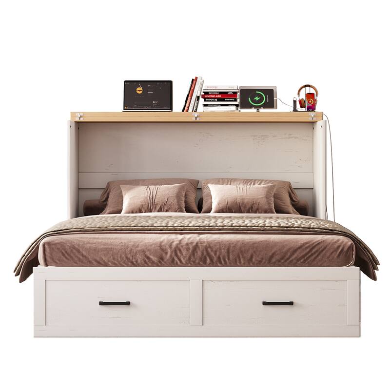 Queen Murphy Bed with Charging Station,Farmhouse Murphy Cabinet Bed with Large Storage Drawer,Hideaway Foldable Platform Bed