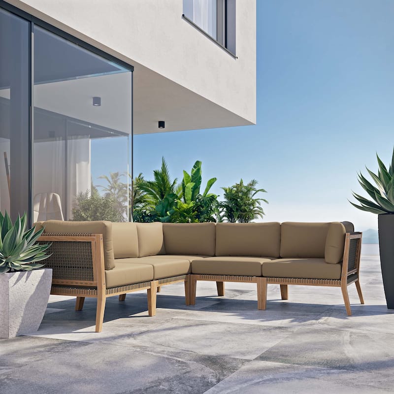 Clearwater Outdoor Patio Teak Wood 5-Piece Sectional Sofa - Gray Light Brown