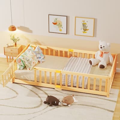 Toddler Floor Bed, Montessori Floor Bed with Rails and Lockable Door