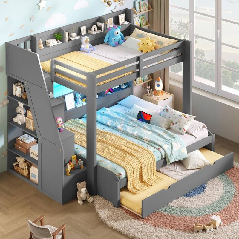 Twin over Full Bunk Bed with Storage Stairs, Trundle, LED Shelf & USB Port by Harper&Bright Designs